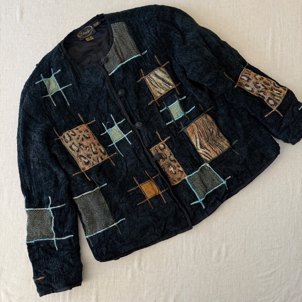 Alex Kin Vintage Patchwork Animal Print Jacket Black Missy Large Art to Wear